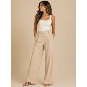 LR1106 H&M Beige Wide Leg Pants Size 4 High Rise Linen Blend Trousers
